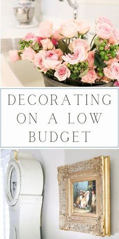 a white bathroom with pink flowers and pictures on the wall