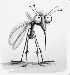 a drawing of a mosquito with eyes and legs, standing in front of the camera