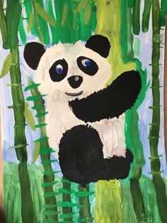 a painting of a panda bear sitting on top of a bamboo tree