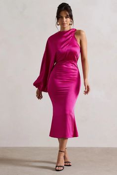 Nola Dark Pink Satin One-Sleeve Midi Dress – Club L London - USA Hot Pink Silk Dress Wedding, Hot Pink Satin Dress Wedding, Fusha Silk Dress, Pink Fiusha Dress, Satin Dress Hot Pink, Hot Pink Satin Dress Long Sleeve, Fucsia Satin Dress, Dark Pink Dress Outfit, Dark Pink Dress