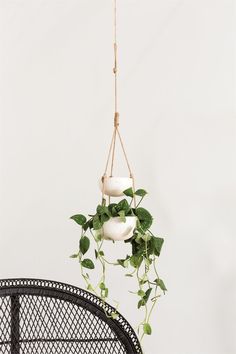 a plant hanging from a rope over a black chair with white pillows on it and green leaves