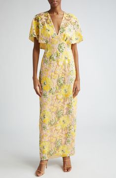 Lela Rose Sequin Embroidered Flutter Sleeve Column Gown | Nordstrom Luxury Floral Print Dress With Flutter Sleeves, Luxury Short Sleeve Maxi Dress For Garden Party, Gingham Linen, Drape Maxi Dress, Guest Attire, Wedding Attire Guest, Column Gown, Lela Rose, Column Dress