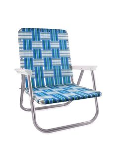 a blue and white lawn chair on a white background