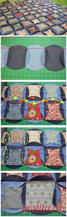 four pictures showing the different patterns and sizes of quilts