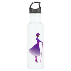 a water bottle with a woman in a dress and hat