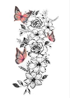 some flowers and butterflies on a white background