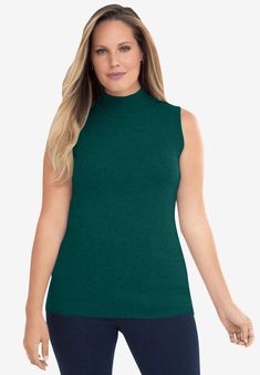 This flattering fine-gauge mockneck adds a shimmering note under a blazer, matching cardigan or on its own. Sleeveless. 28" lengthSolids are Mockneck Sweater, Tunic Tank Tops, Womens Turtleneck, Ladies Of London, Swimsuits For All, Mock Neck Sweater, Women's Wardrobe, Metallic Colors, Hoodie Dress