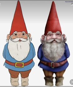 two gnomes are standing next to each other with one wearing a red hat and the other blue