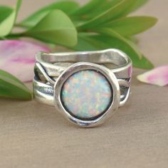 Unique Sterling Silver Jewelry, Australian Opal Ring, White Opal Ring, Band Design, Deco Wedding, Initial Ring, Opal Ring, Size 10 Rings, Minimalist Rings