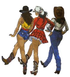 three people dressed in costumes and hats are walking side by side with one person wearing a cowboy hat