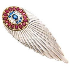 Sterling Silver, Diamond, Ruby and Sapphire Brooch by Erte, 1930s Erte Art Deco, Erte Art, Feather Brooch, Art Nouveau Poster, Vintage Jewlery, Gold Feathers, Antique Brooches, Embroidery Blouse Designs, Deco Jewelry