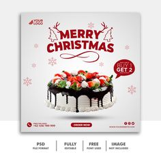 a merry christmas flyer with a cake