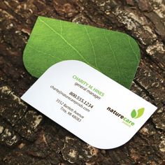 a close up of a business card on a tree trunk with a green leaf attached to it