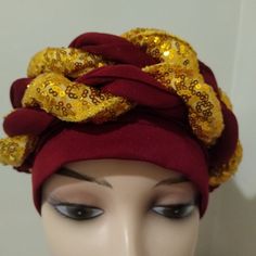 One Size Fits All, Beautiful, Brand New Party Turban Hat, Elegant Red Hat One Size, Elegant Red One-size Hat, Elegant Red Hat, One Size, Adjustable Gold Headscarf For Party, Elegant Red Hat, Trendy Adjustable Headwrap For Parties, One Size Party Headwrap Hat, Red Adjustable Headwrap For Party