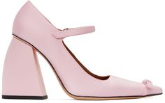 Satin heels in pink. · Bow accent at pointed toe · Adjustable Velcro strap at vamp · Covered block heel · Leather sole in beige · Silver-tone hardware · Heel: H4 in Supplier color: Pink Shushu Tong, Pointed High Heels, Satin Heels, Pointed Toe Boots, Shoe Design, Toe Boots, Velcro Straps, All About Me, Pink Bow