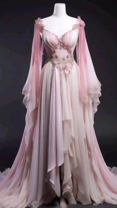 Heavenly Gowns, Fantasy Dress Pink, Fantasy Princess Dress Aesthetic, Fantasy Gowns Pink, Pink Elven Dress, Luxury Elven Style Medieval Dress, Pink Etheral Dress, Vestidos Anime