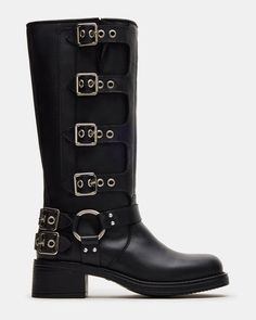 ROCKY Black Leather Knee-High Moto Boots | Women's Boots Steve Madden Rocky Boots, Rocky Boots, Engineer Boots, An Engineer, Leather Wear, Clothes Shopping, Boots Women Fashion, Pretty Clothes, 2 Inch Heels