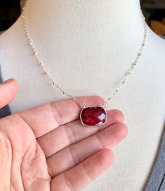 Ruby Necklace Bezel Ruby Pendant Sterling Silver Satellite | Etsy Silver Necklace With Rectangular Gemstone, Rectangular Ruby Jewelry In Silver, Rectangular Silver Ruby Jewelry, Oval Ruby Necklace In Silver, Chain Layering, Necklace Ruby, Ruby Pendant, Ruby Necklace, Ruby Stone