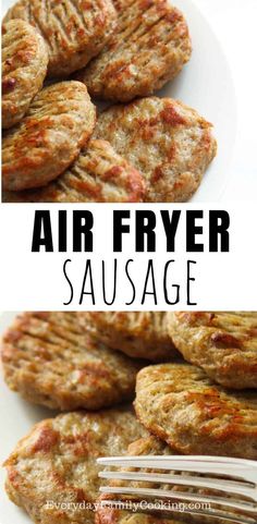 air fryer sausage on a white plate with a fork in front of it and the words, air fryer sausage