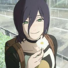 an anime character holding a flower in her hand