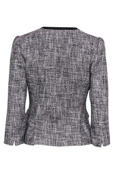 Go for a classic texture with this tweed jacket from Nanette Lepore! Perfect for adding some preppy style to any outfit, go for a country club vibe with some knee high socks and your favorite collared sweater. Size 4 76% Cotton, 20% Acrylic, 4% Nylon Open front design, no closures Fringed edges Exterior pockets Ribbon trim Waist 32" Sleeve 19.5" Shoulder to hem 23" Fitted Tweed Jacket For Business Casual In Fall, Fall Fitted Tweed Jacket For Business Casual, Chic Fitted Tweed Jacket For Fall, Black Fitted Tweed Blazer, Black Tweed Tailored Fit Blazer, Chic Fitted Tweed Blazer, Classic Black Tweed Jacket For Fall, Spring Tweed Jacket For Office Wear, Spring Office Wear Fitted Tweed Jacket