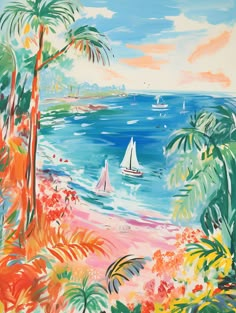 a painting of sailboats on the ocean near palm trees