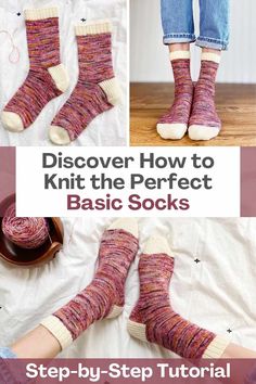 the steps to knit socks are shown with text overlay