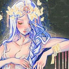 a drawing of a woman with blue hair and flowers in her hair, wearing a white dress