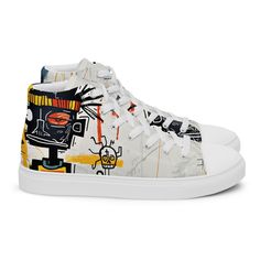 Step into a world where fashion meets art with our men's classic high sneaker! Designed with my artistic flair inspired by modern art, these high sneakers are a bold statement of individuality and style. Crafted from durable polyester and canvas, they're not just built to last but also to impress. What sets them apart is the striking high-quality print of my unique designs, making each pair a work of art that reflects your distinctive fashion sense. All designs can be produced for both men and w White High-top Sneakers With Graphic Print, Modern Multicolor Lace-up High-top Sneakers, Modern High-top Skate Shoes With White Sole, Custom Mid-top Sneakers With Graphic Print For Streetwear, Urban White Sneakers With Graffiti Print, White Urban Sneakers With Graffiti Print, Modern Lace-up Custom Sneakers For Skateboarding, Modern Lace-up Skateboarding Sneakers, Modern Custom Lace-up Skateboarding Sneakers