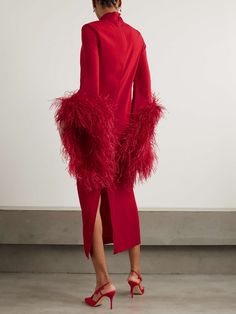 TALLER MARMO Rio feather-trimmed crepe midi dress | NET-A-PORTER Feathered Dresses For Party Season, Feathered Party Dresses, Evening Midi Dress With Feather Trim, Chic Feathered Dresses For Winter, Winter Cocktail Dress With Feathers, Formal Winter Dresses With Feathers, Winter Formal Dress With Feathers, Feathers Dress, Taller Marmo