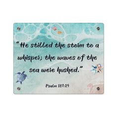 a watercolor painting with a bible verse written on the bottom and an ocean background