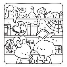 a coloring page with two cartoon characters in the kitchen, one is reading and the other is