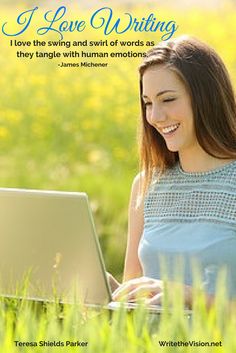 a woman sitting in the grass using a laptop computer with a quote on it that reads i love writing