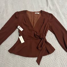 New With Tags, Very Beautiful Elegant Brown V-neck Blouse, Fitted V-neck Brown Blouse, Brown Long Sleeve Blouse For Brunch, Fitted Brown Top For Brunch, Fitted Brown Tops For Brunch, Elegant Brown Top For Work, Elegant Brown Blouse For Brunch, Spring Office Blouse In Brown, Spring Office Brown Blouse