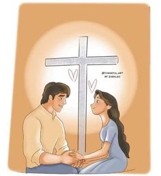 a man and woman holding hands in front of a cross