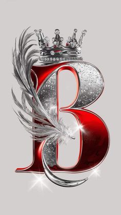 the letter b with a crown and feathers on it's head is surrounded by sparkles