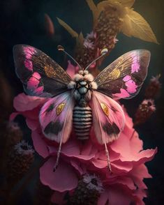 a pink and black butterfly sitting on top of a flower