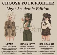 three girls with different outfits and text that says, choose your fighter light academy edition