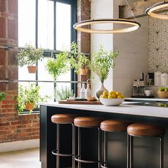 a kitchen with an island and stools in front of the counter top, surrounded by potted plants