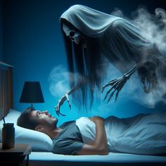 a man laying in bed next to a ghost