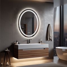 a bathroom with a sink, mirror and bathtub in the middle of the room