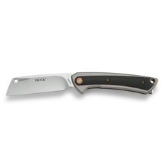 a knife that is sitting on top of a white surface with a black handle and gold accents