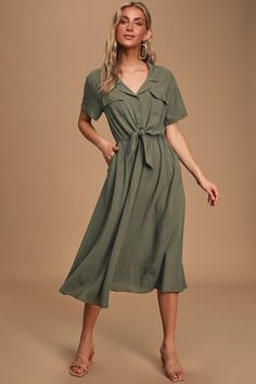 Dresses for Women | Best Women's Dresses Online Olive Green Shirt Dress, Pretty Midi Dresses, Undivided Attention, Olive Shirt, Casual Work Dresses, Green Shirt Dress, Feminine Fashion, Collared Dress, Front Tie Shirt