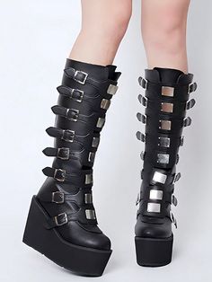 Black  Collar     Embellished   Women Shoes Black High Shaft Platform Boots, Alternative Style Round Toe Platform Boots For Cosplay, Alternative Round Toe Platform Boots For Cosplay, Black Platform Boots For Cosplay, Punk High Heel Platform Boots With Buckle Closure, Punk Style Knee-high Platform Moto Boots, Punk Style Platform Heeled Boots With Round Toe, High-top Platform Boots For Halloween Concert, Emo Platform Boots For Cosplay