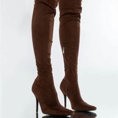 Faux Suede Stiletto Boot Featuring A Square Toe Design, Slim Stiletto Heel, Over-The-Knee Silhouette, And An Inner Ankle Zipper Closure. Square Toe 25” Shaft Height -4.25” Heel Height Fitted Brown Boots For Night Out, Fitted Brown Heels For Evening, Brown Fitted Evening Heels, Fall Season Pointed Toe Heels, Fitted Brown Boots For Party, Fitted Brown Party Boots, Fitted Suede Heels With Round Toe, Brown Fitted Heels With Pointed Toe, Suede Knee-high Party Heels