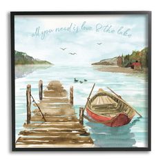 a watercolor painting of a boat and dock with the words, all you need is one bite