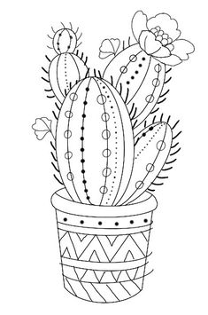 a cactus in a pot with flowers on the side coloring pages for kids, adult and children