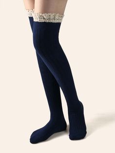 Navy Blue    Cotton Plain Over the Knee Socks    Women Socks & Hosiery Knee Length Socks, Colored Tights, Patterned Tights, Vibe Clothes, Shein Style, Trendy Fashion Women