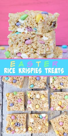 rice krispies treats stacked on top of each other with the words easter written above them