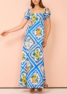 Fabric: Cotton 45%, Linen 55%Size & Fit: Fit: This garment fits true to size.Length: Size L measures 50.7"from shoulder to hemBust: Great for any cup size. Waist: Loose Fit. Comfortable room throughout midsection.Hip: Loose Fit - room for hips. Hand Wash Cold. Blue Fitted Long Sleeve Maxi Dress, Blue Fitted Dress For Vacation, Fitted Blue Floral Print Maxi Dress, Fitted Blue Maxi Dress With Floral Print, Stretch Blue Maxi Dress With Floral Print, Blue Printed Fitted Midi Dress, Fitted Blue Printed Midi Dress, Fitted Light Blue Maxi Dress For Vacation, Blue Non-stretch Maxi Dress